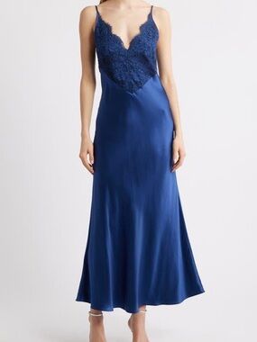 Lace-Trim Satin Midi Slip Dress in Navy